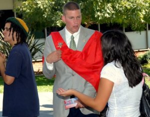 TFP member John Miller debates the Traditional Marriage issue with a student at Mount San Antonio College in Walnut California. 